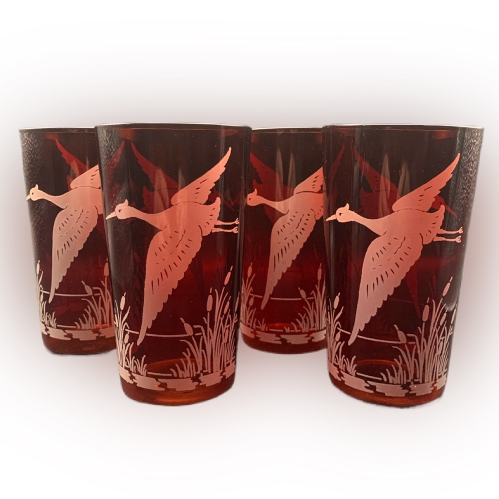 Vintage Anchor Hocking Ruby Red Flying Stork Crane Bird Glass Tumbler Lot of 4
